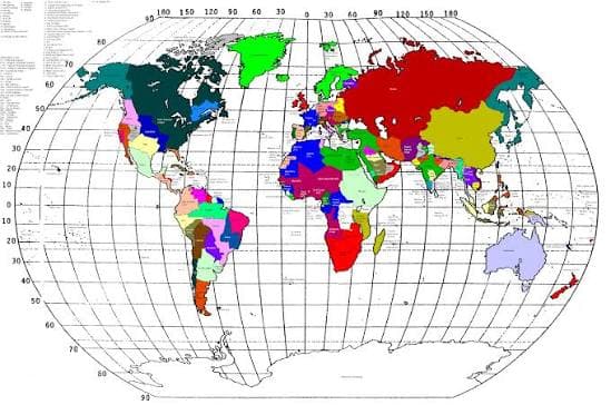 A political world map on an oval projection, every country inked a different colour, with a dense index of place names down the left edge and the lines of latitude and longitude drawn across it.