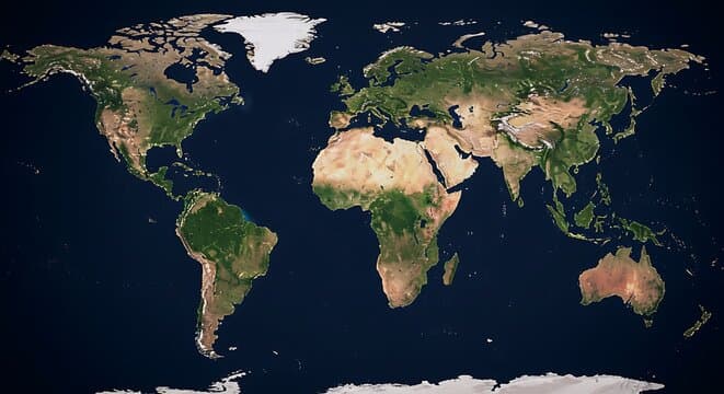A satellite-style relief map of the world on a dark blue ocean, drawn to equal area, with Africa large and central among the continents.