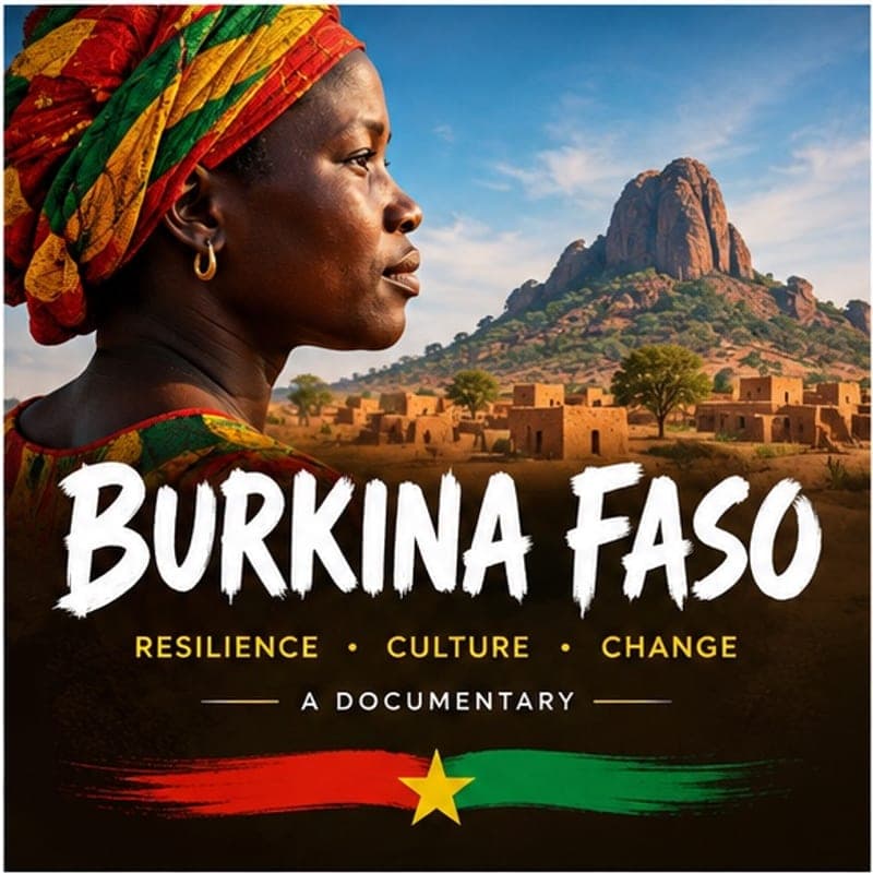 Key art for the documentary Burkina Faso: Resilience, Culture, Change. A woman in a patterned headwrap in profile before a village and a granite outcrop.