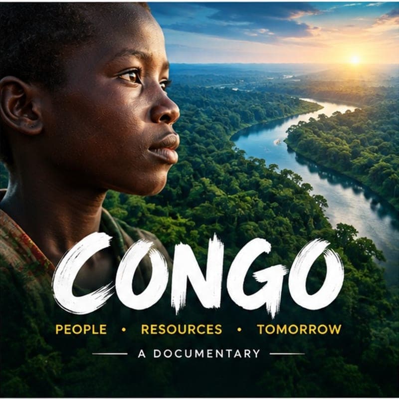 Key art for the documentary Congo: People, Resources, Tomorrow. A young man in profile against a river winding through dense forest.