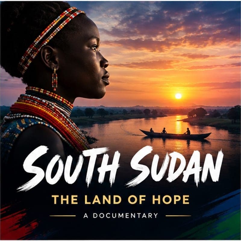 Key art for the documentary South Sudan: The Land of Hope. A woman in beaded jewellery in profile against a river at sunset, a boat crossing behind her.